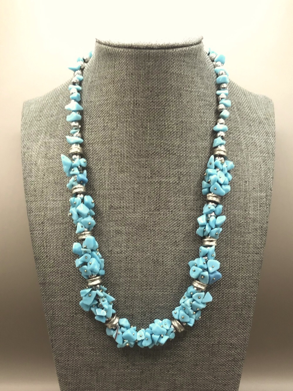 Light Blue Natural Stone Chips Necklace with Antique Silver-Tone Accents